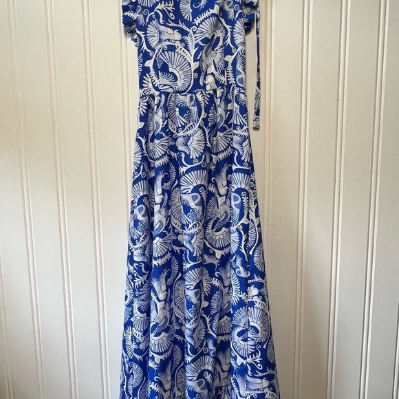 Ck Bradley Elegant Blue and White Patterned Maxi Halter Dress Size S - Picture 1 of 7